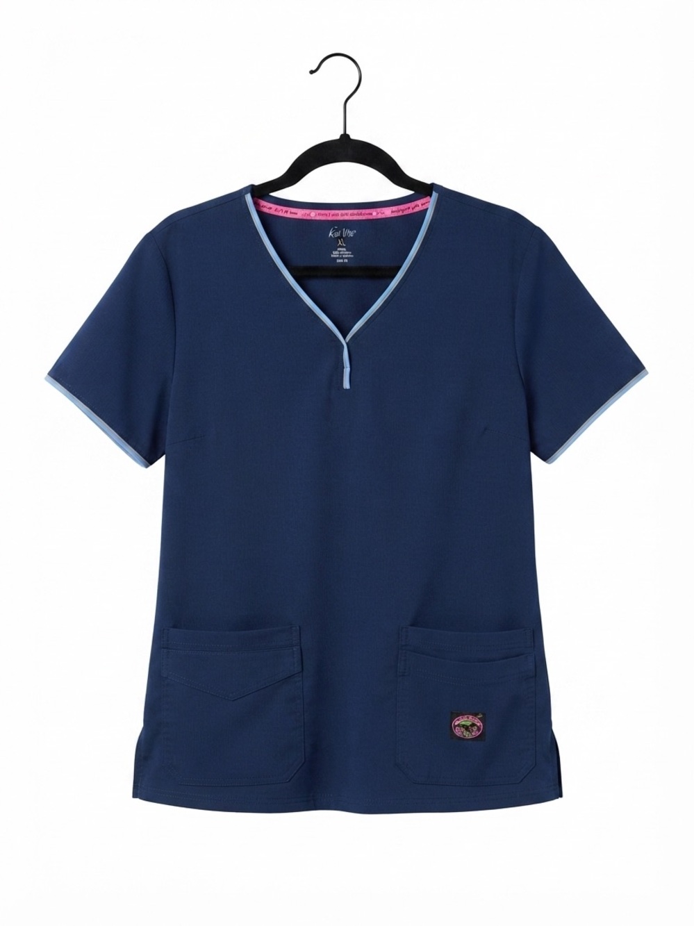 Navy Short Sleeve V-Neck Top with Light Blue Trim